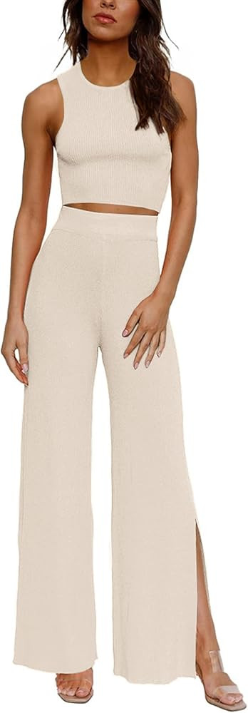 2 Piece Summer Outfits for Women Ribbed Cropped Top and Wide Leg Pants with Side Slit | Amazon (US)