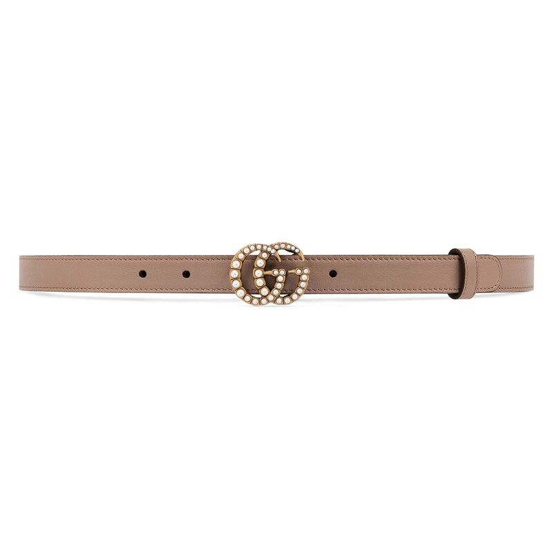 Leather belt with pearl Double G buckle beige | Gucci (US)