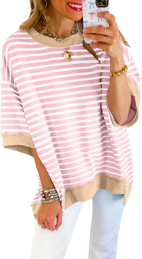 SHEWIN Womens Tops Casual Short Sleeve Sweatshirt Crewneck Striped Shirt Pullover T Shirts Loose ... | Amazon (US)