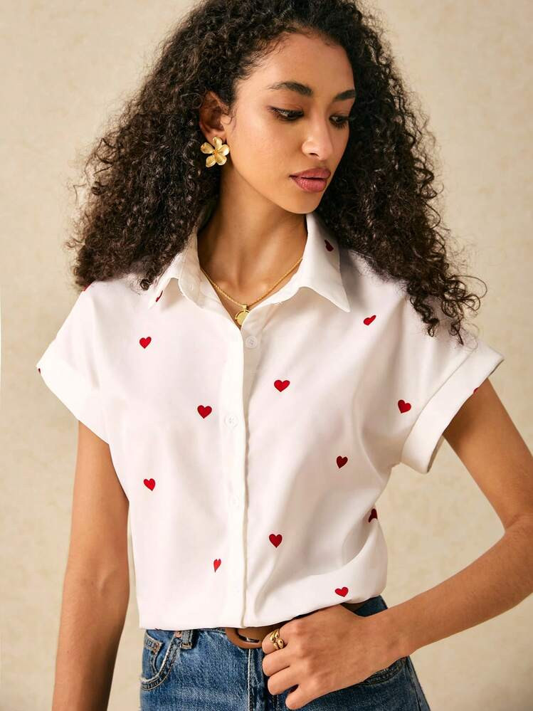 Poéselle Women Casual Heart Print Short Sleeve Shirt Summer Shirt White Shirt White Shirt Tea Pa... | SHEIN