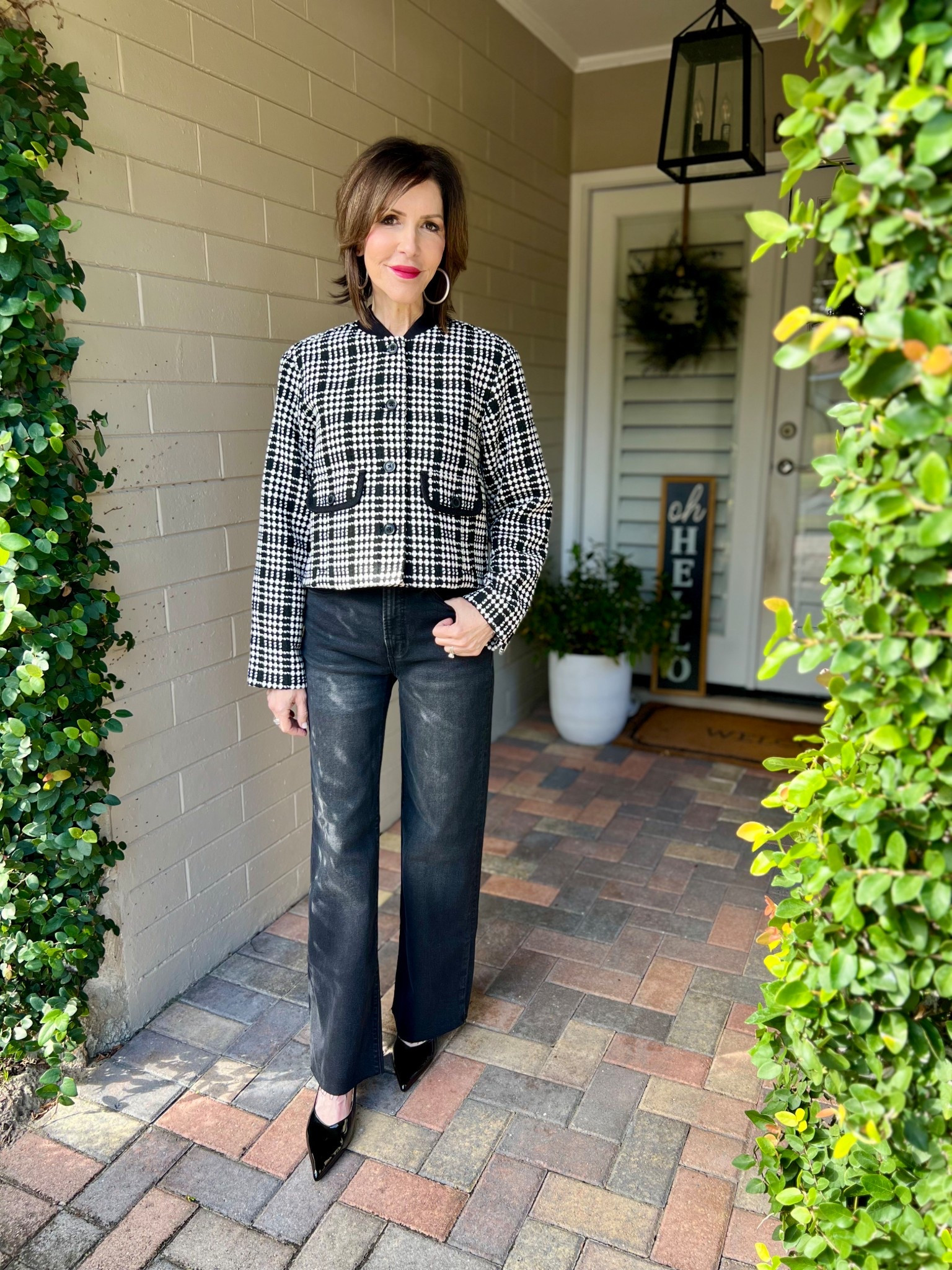 black and white jacket, wide leg jeans, over 50 outfits 

#LTKSeasonal #LTKOver40 #LTKootd