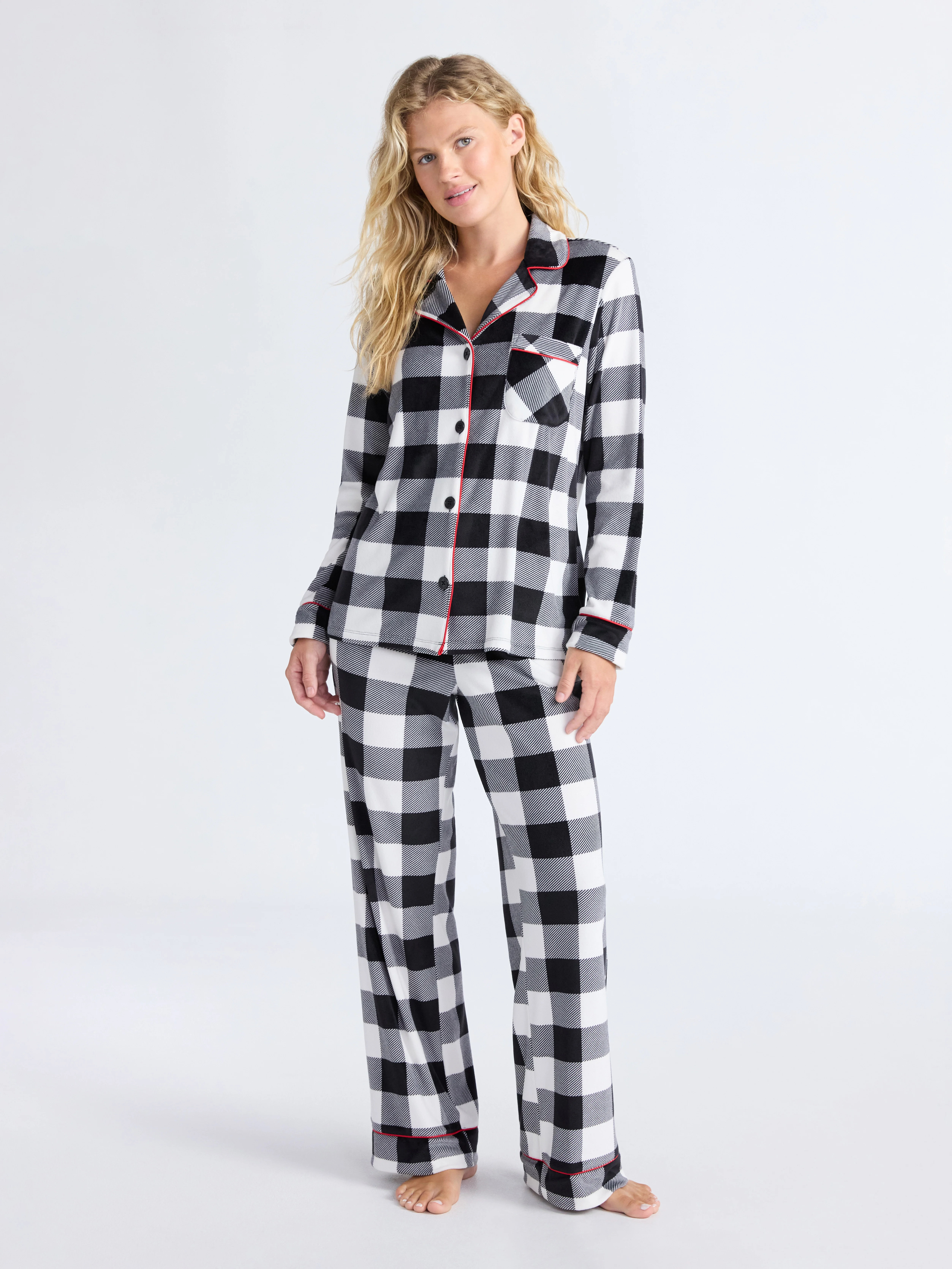 Joyspun Women’s Stretch Velour Notch Collar Long Sleeve Pajama Set, Sizes XS to 4X | Walmart (US)