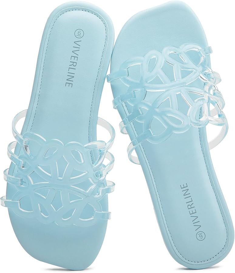 Womens Slide Sandals - Jelly Hollow Slip On Flats with Open Toe - Clear Breathable Fashion Beach ... | Amazon (US)
