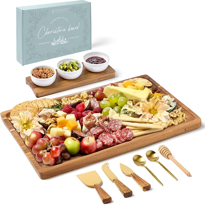 Charcuterie Boards Gift Set - Acacia Wood Serving Tray with Side Handles, Bowl Serving Board, and... | Amazon (US)