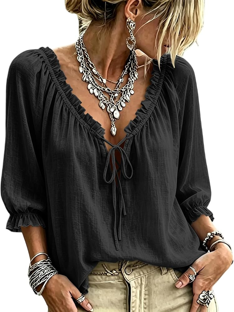 Womens Polka Dot Lace up Blouses 3/4 Sleeve V Neck Peasant Top Abstract Geometric Print Flowy Summer Ruffe Shirt | Amazon (US)