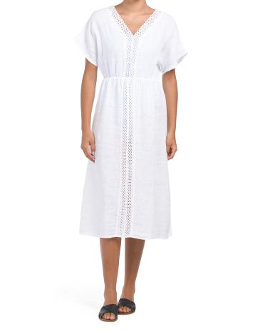 Made In Italy Linen Blend Short Sleeve V-Neck Crochet Dress Cover-Up | Marshalls