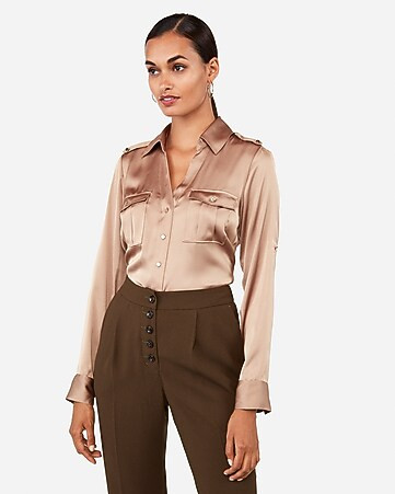 Slim Fit Satin Military Portofino Shirt | Express