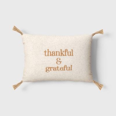 &#39;Thankful &#38; Grateful&#39; Embroidered Lumbar Throw Pillow Cream/Brown - Threshold&#8482; | Target