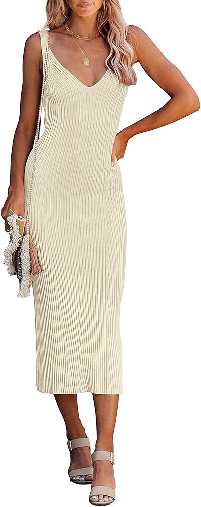 MEROKEETY Womens 2024 Summer V Neck Knit Midi Dress Bodycon Sleeveless Ribbed Sweater Dresses | Amazon (US)