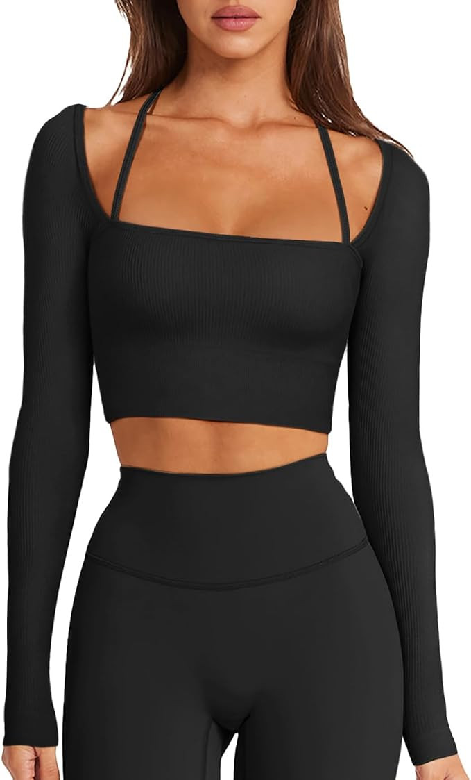 LASLULU Womens Sexy Square Neck Crop Top Ribbed Seamless Long Sleeve Workout Tops Halter Neck Ath... | Amazon (US)