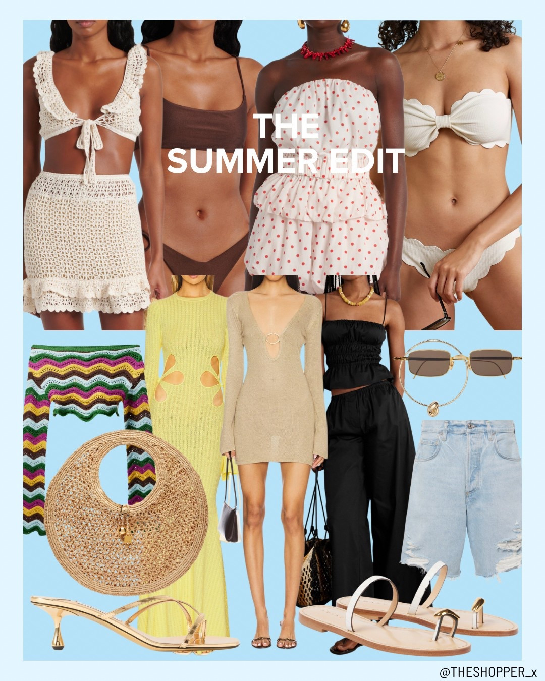 Crochet bralette, skirt, bikini, bardot spotty dotty polka dot top with skirt, bikini bottoms, long sleeve knit top, maxi long sleeve dress, crochet dress, black top, trousers, denim shorts, raffia bag, kitten heels, sandals, gold necklace, sunglasses

#LTKeurope #LTKsummer #LTKluxury