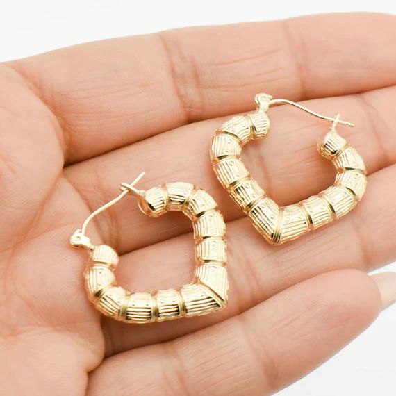 1 Small Diamond Cut Heart Bamboo Hoop Earrings Real 10K - Etsy UK | Etsy (UK)