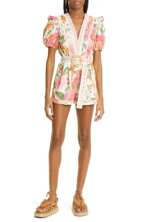 FARM Rio Macaw Bloom Cotton Romper in Macaw Bloom Off-Whit at Nordstrom, Size Medium | Nordstrom