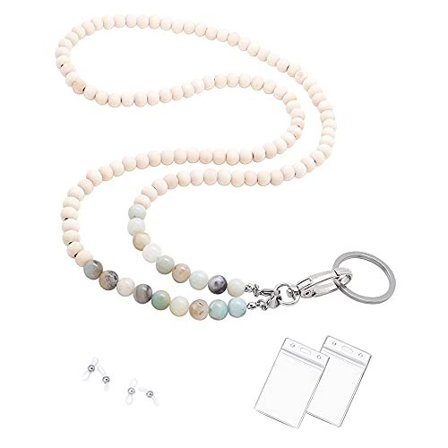 C&L Accessories Lanyards for ID Badges, Beaded Wooden Natural Stone Lanyard for Keys Eyeglass Holder Lanyard for Eyeglasses Chains for Women (Amazonite Stone) | Amazon (US)