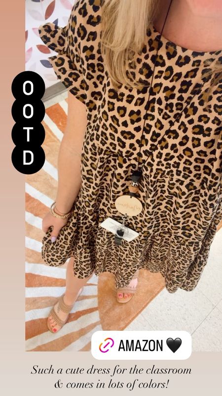 Teacher outfit idea 🖤 leopard short sleeve babydoll dress

Tiered stitching
Ruffle sleeves
Almost to my knee (I’m 5’2” for ref)

Teacher style
Workwear 

#LTKworkwear