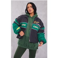 Green Oversized Slogan Zipped Racer Bomber Jacket | PrettyLittleThing UK