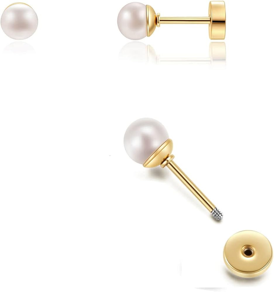 Renkovte Pearl Stud Earrings Screw Back,Flat Back Pearl Cartilage Helix Earrings 316L Surgical St... | Amazon (US)