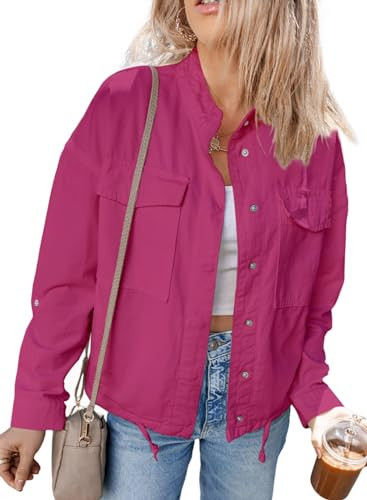Dokotoo Jean Jacket for Women Vintage Cropped Jacket Fashion Spring Fall 2024 Casual Denim Jacket Long Sleeve Denim Shirts Button Down Denim Trucker Jackets Coat with Pockets Pink X-Large | Amazon (US)