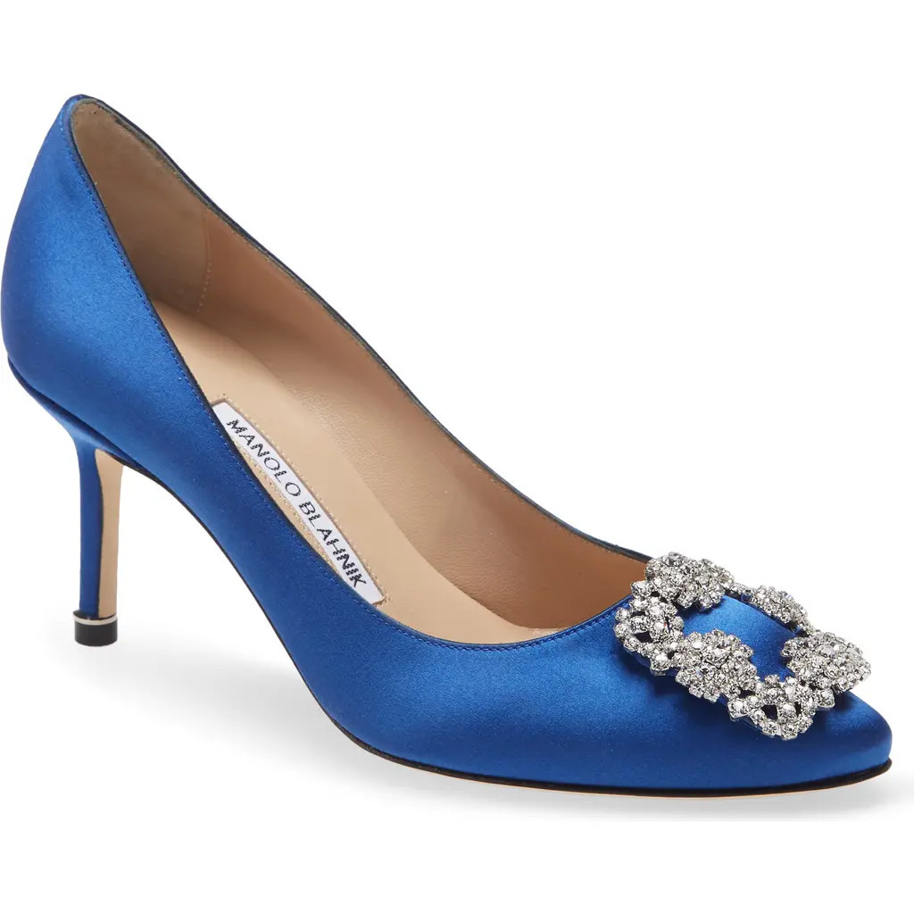 Manolo Blahnik Hangisi 70mm Crystal Buckle Pump in Blue Satin Clear/Buckle at Nordstrom, Size 5Us | Nordstrom