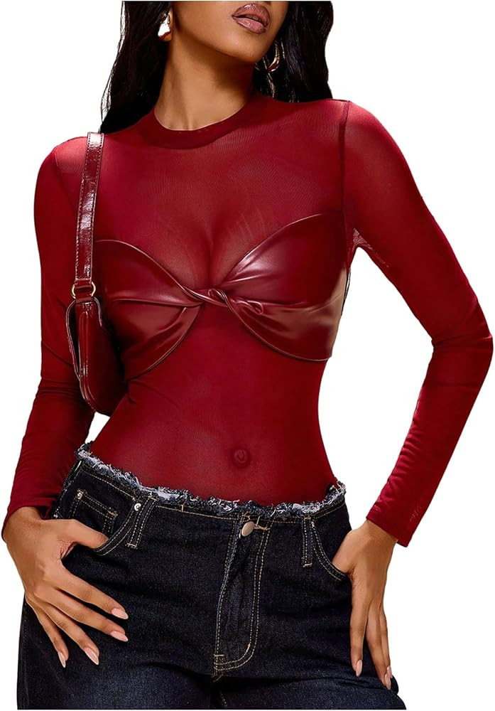 SweatyRocks Women's Faux Leather Mesh Bodysuit Leotard Sexy Mock Neck Long Sleeve Date Night Tops | Amazon (US)