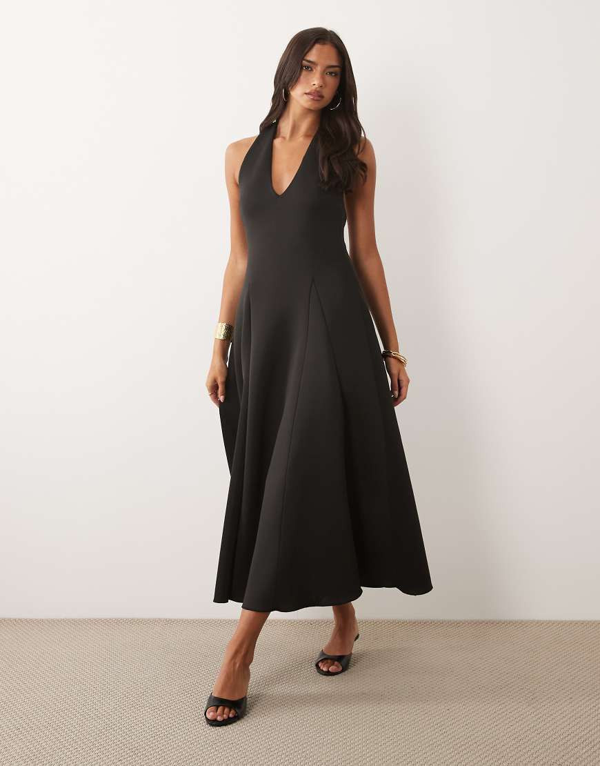 ASOS DESIGN plunge neck structured full skirt midi dress in black scuba-style fabric | ASOS (Global)
