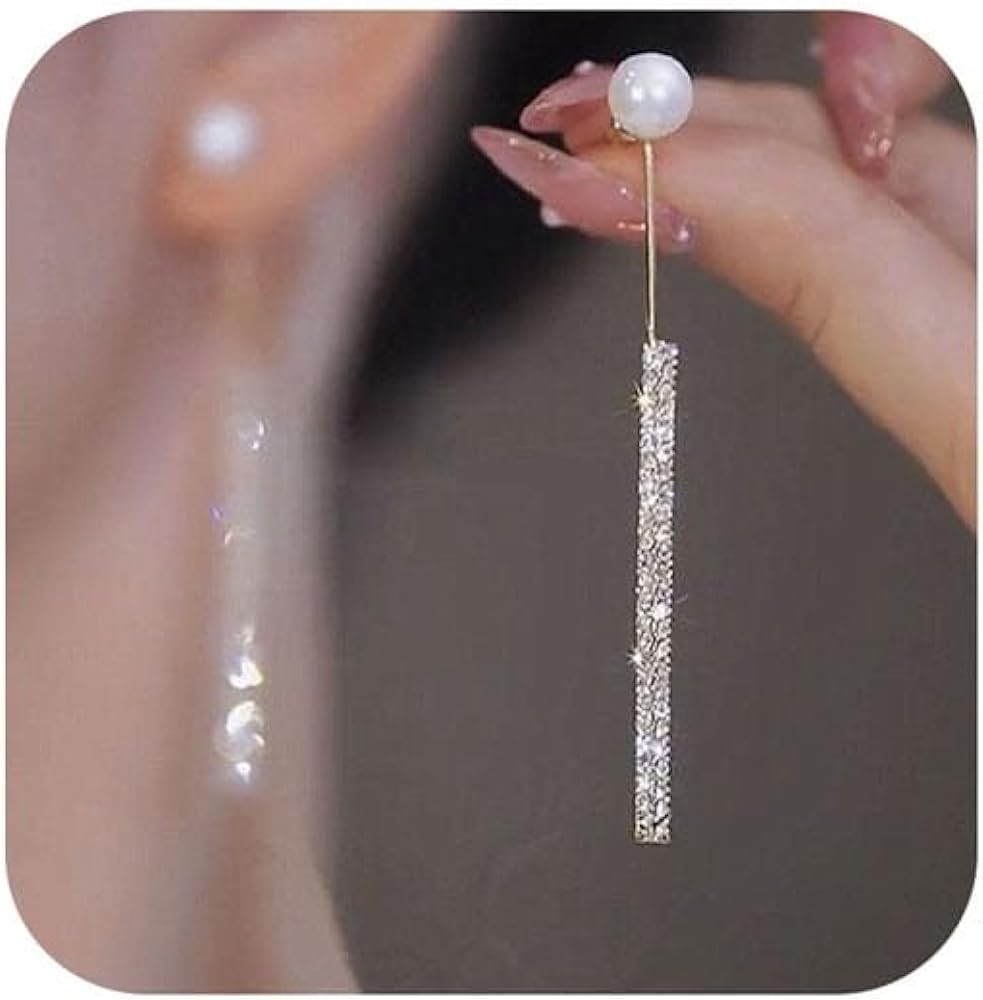 Long Tassel Pearl Dangle Earrings Crystal Bow Earrings Luxury Full Rhinestone Gold Drop Earrings ... | Amazon (US)