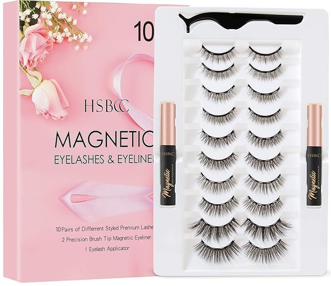 Upgraded 10 Pairs Magnetic Eyelashes Kit With Double Eyeliner , Reusable 3D 6D Magnetic Eyelashes... | Amazon (US)