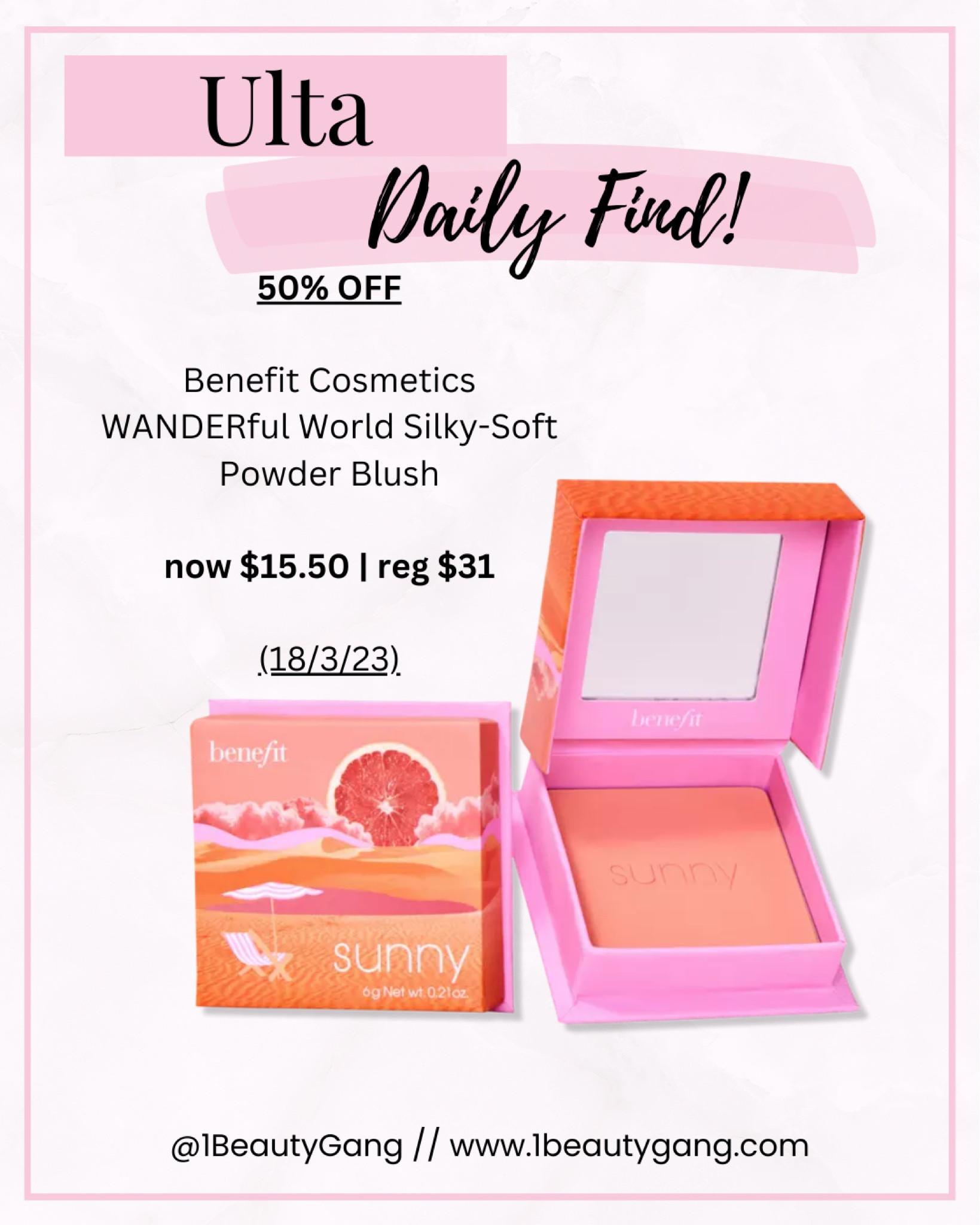 50% OFF Benefit Cosmetics WANDERful World Silky-Soft Powder Blush now $15.50 | reg $31
(18/3/23)

#LTKeurope #LTKFind #LTKbeauty