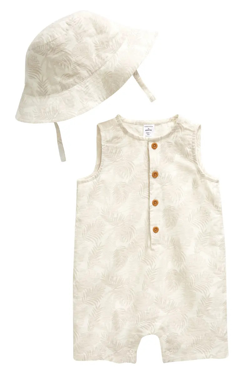 Print Cotton Henley Romper & Sun Hat Set | Nordstrom