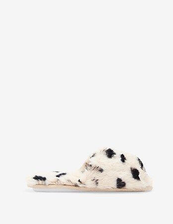 animal print faux fur slippers | Express