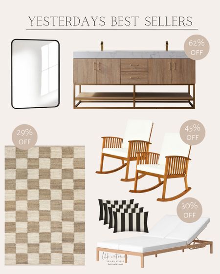 Yesterday Best Sellers 
Metal rounded rectangle wall mirror / 2 piece acacia wood rocking chairs / checkered just area rug / 4 piece outdoor pillow set / Annice double bathroom vanity / double wide chaise lounge 

#LTKhome #LTKsalealert