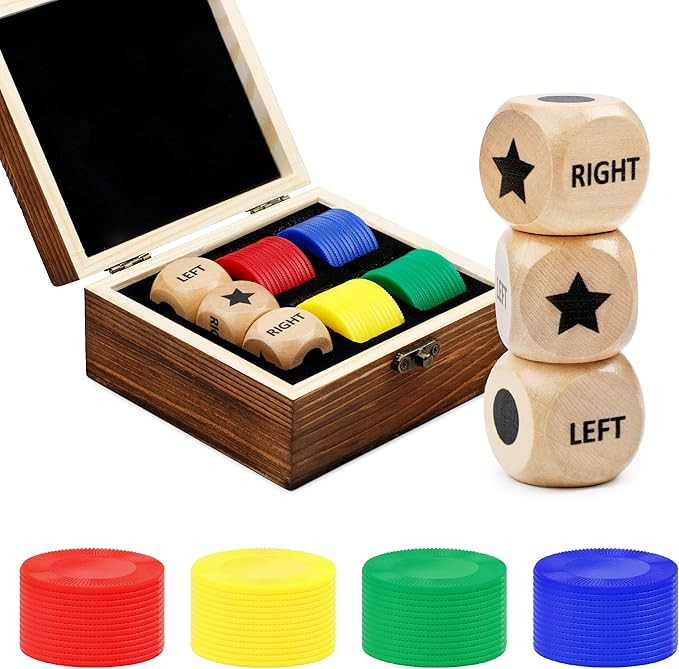 Fun Left Right Roll Dice Game Set, Include 3 1-inch Wooden Dices 48 Pcs Chips in Wooden Box, Easy... | Amazon (US)
