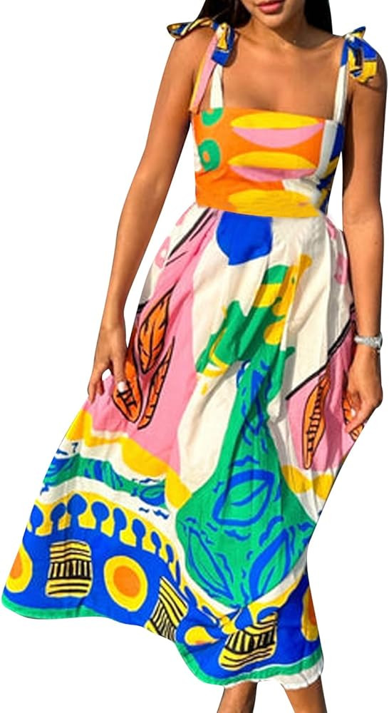 Women Y2k Boho Maxi Dress Sleeveless Tie Shoulder Long Dress 2024 Summer Beach Flowy Sundress | Amazon (US)