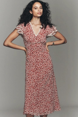 Exquise V-Neck Flutter-Sleeve Midi Dress | Anthropologie (US)