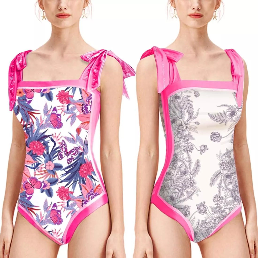 Women Floral One Piece Swimsuits, Reversible Tie Shoulder Monokini, Tummy  Control Bathing Suits, Square Neck Swimwear : : Clothing, Shoes 