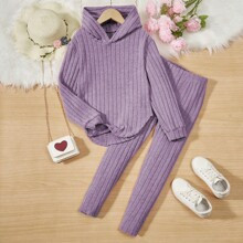 Tween Girls Knitted Ribbed Hooded Tshirt With Asymmetrical Hem And Tight Pants Twopiece Set | SHEIN