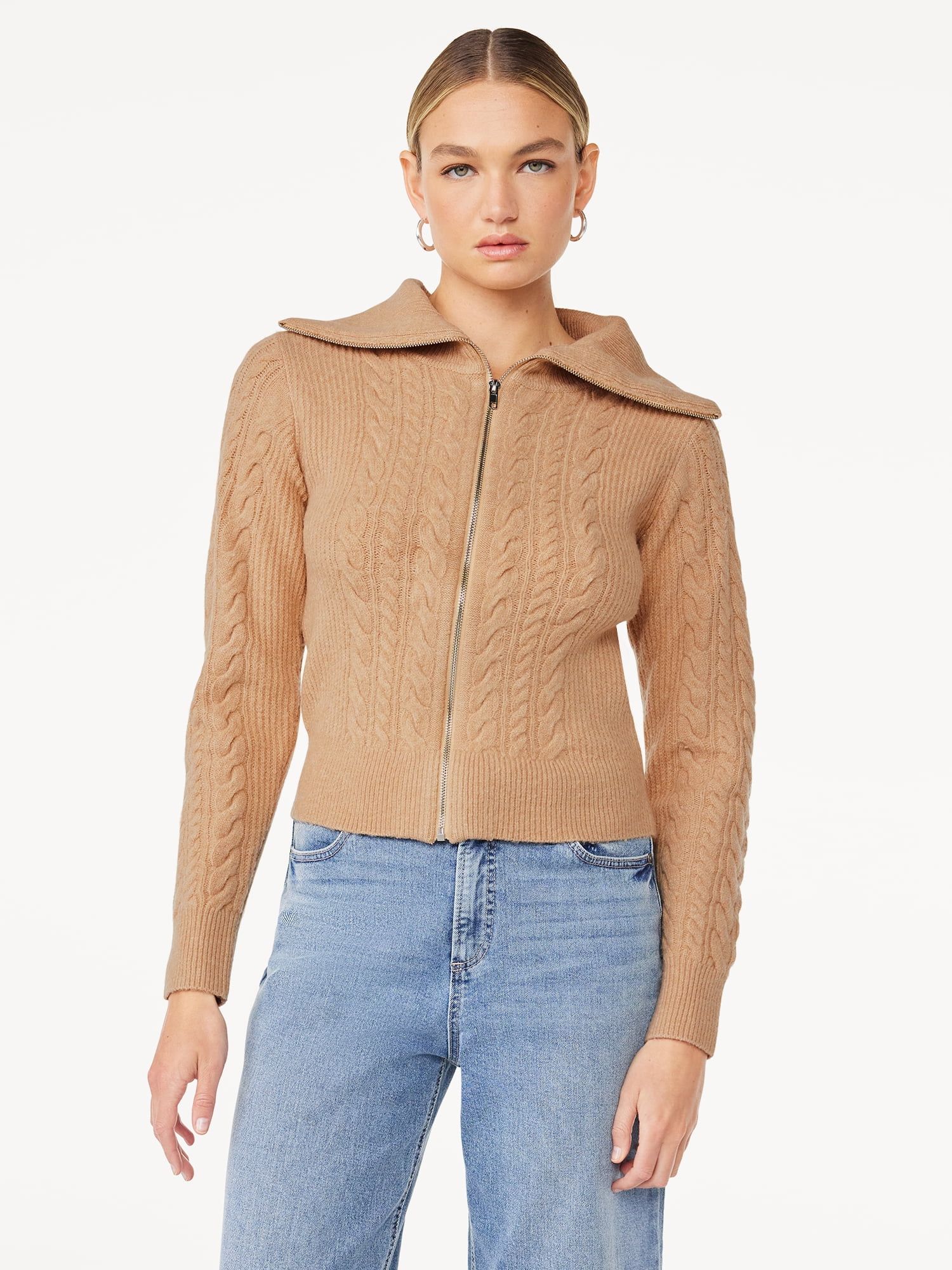 Scoop Women's Long Sleeve Zip Cable Knit Cardigan Sweater, Sizes XS-XXL - Walmart.com | Walmart (US)