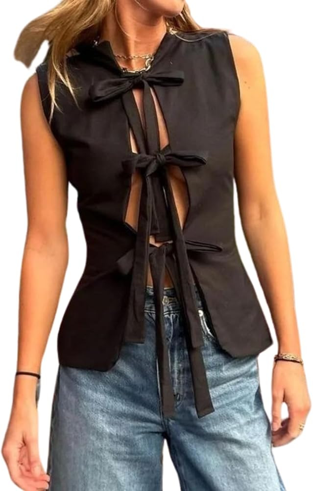 Women Sleeveless Tie Front Tank Top Solid Slim Fit Causal Lace Up Vest Top Summer Y2k Bow Tie Goi... | Amazon (US)