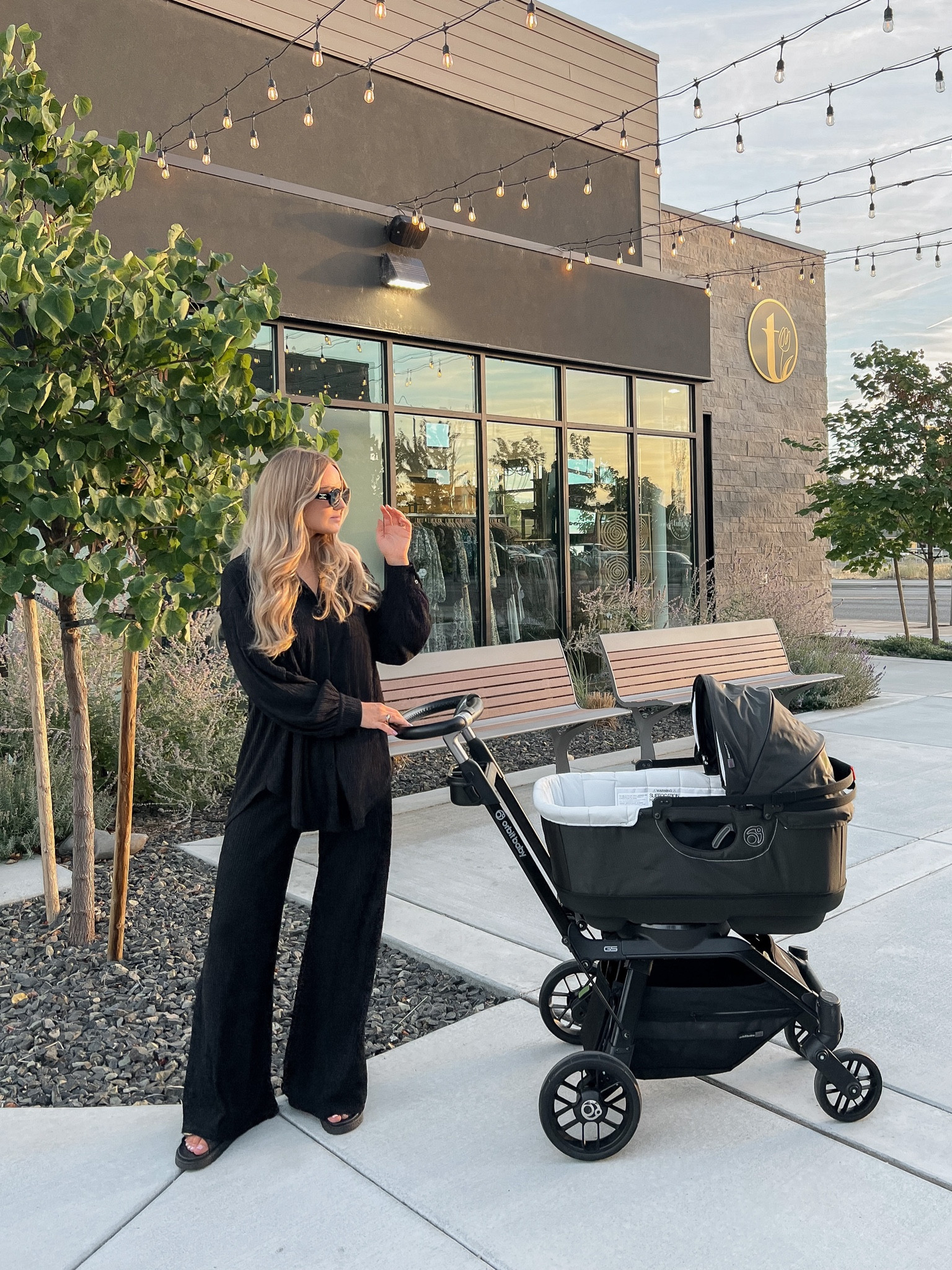 Black pant matching set, button down shirt wide leg flare pants. Crinkle look, knitted co-ord set, tall high waisted drip shoulder top. Orbit baby stroller bassinet travel system. Black gold detail chunky  sandals 

#LTKU #LTKover40 #LTKbump