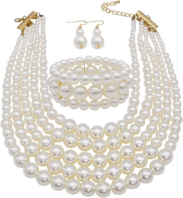 Faux Big Pearl Srand Necklaces for Women 5 Layers Pearl Bib Collar Necklace Bracelet and Earrings... | Amazon (US)