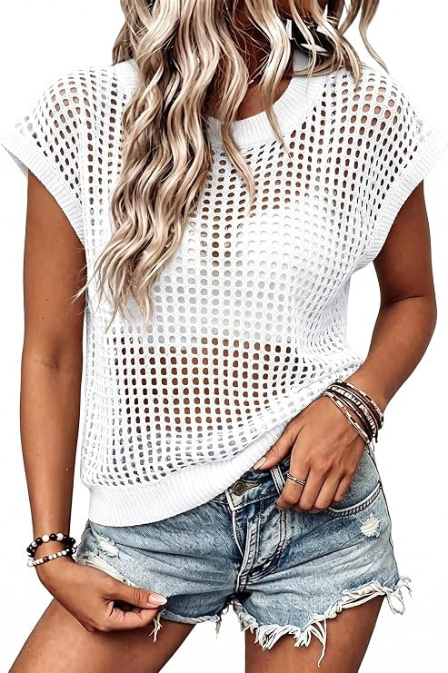 Lepunuo Women's Summer Crochet Tops Hollow Out Cover Ups Cruise Outfits | Cap Sleeve, Beach Vacat... | Amazon (US)