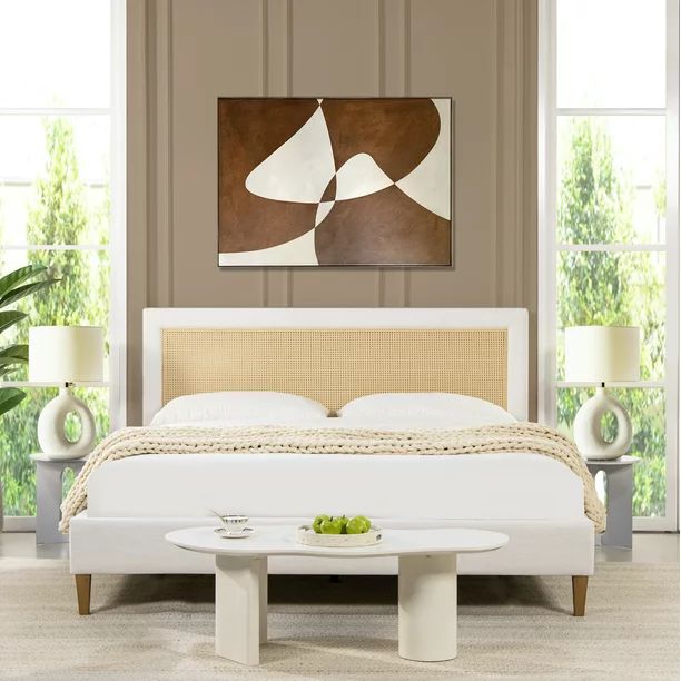 Haley Upholstered Cane-Back Platform Bed, King, Snow White Polyester | Walmart (US)