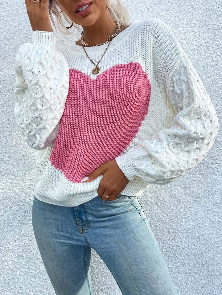 SHEIN Essnce Heart Pattern Drop Shoulder Sweater | SHEIN