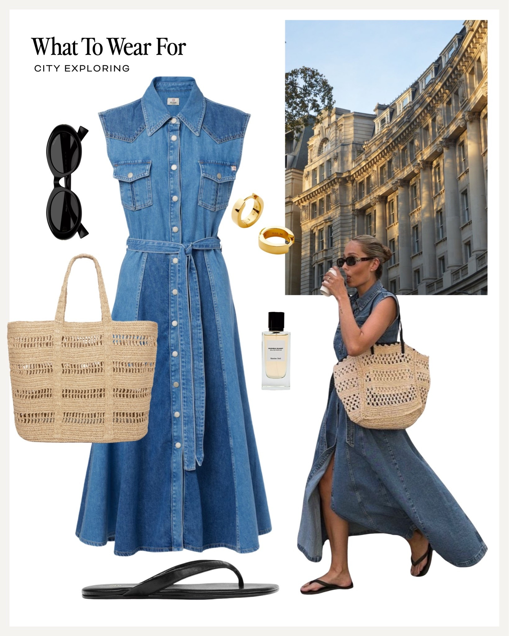 Denim outfits for summer ☀️ 

Denim dress, straw bag, effortless style, city break

#LTKsummer