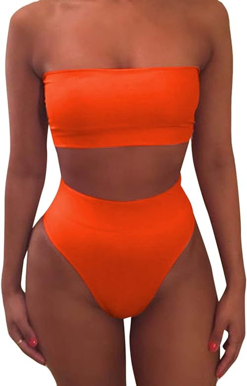Amazon.com: Pink Queen Women's Removable Strap Pad High Waist Bikini Set Swimsuit Orange S : Clot... | Amazon (US)