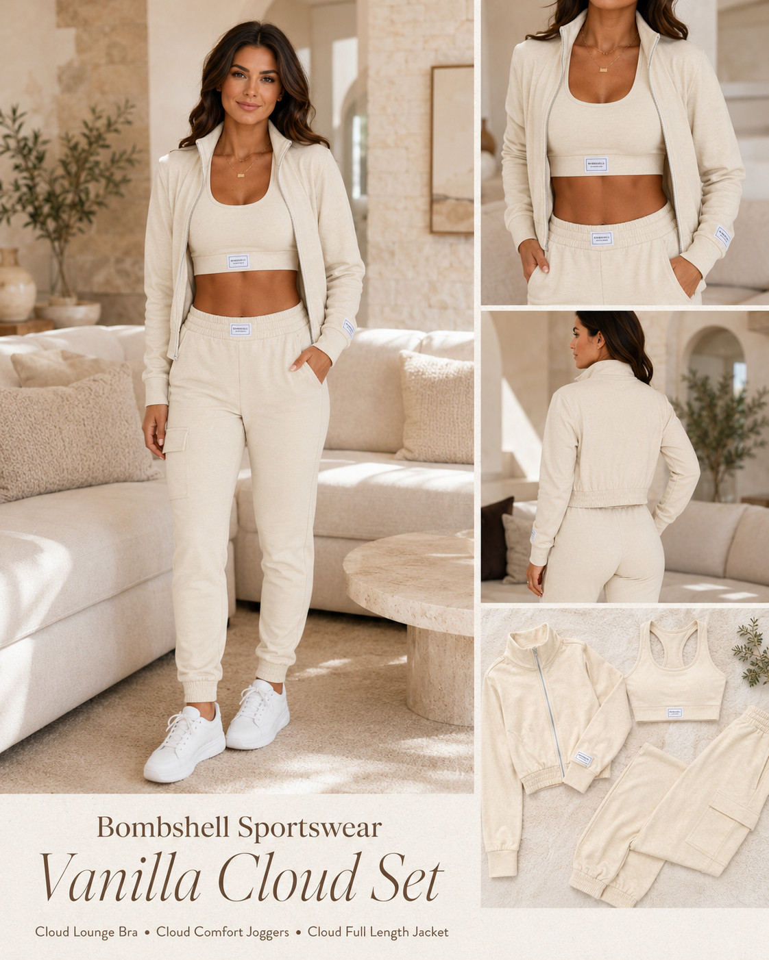 The @Bombshell Sportswear Vanilla Cloud Set is the creamy neutral outfit that makes everyday comfort look seriously luxe. 🤍✨

This elevated 3-piece matching set includes the Cloud Lounge Bra, Cloud Comfort Joggers, and Cloud Full Length Jacket—giving you a complete monochromatic look plus three versatile pieces you can style separately. 

The soft Vanilla color feels clean, polished, and expensive while pairing effortlessly with gold jewelry, white sneakers, denim, and every neutral already in your closet.

The flattering racerback Cloud Lounge Bra creates a sleek base, the high-waisted Cloud Comfort Joggers offer a relaxed fit with functional cargo pockets, and the coordinating zip-front jacket adds the perfect lightweight layer. 

It’s an effortless outfit that looks intentionally styled even when comfort is the priority.

Wear this Bombshell Sportswear matching set for airport outfits, travel days, coffee runs, errands, casual weekends, working from home, lounging, and post-workout plans. 

The creamy neutral shade makes it easy to wear year-round—and each piece can be mixed with black, brown, gray, or denim for even more outfits.

📌 SAVE this Vanilla Cloud Set before your favorite piece or size sells out!

Everything is linked! ↓

#LTKActive #LTKSaleAlert #LTKTravel