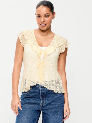 Short-Sleeve Open-Front Lace Ruffle Top | Old Navy (US)