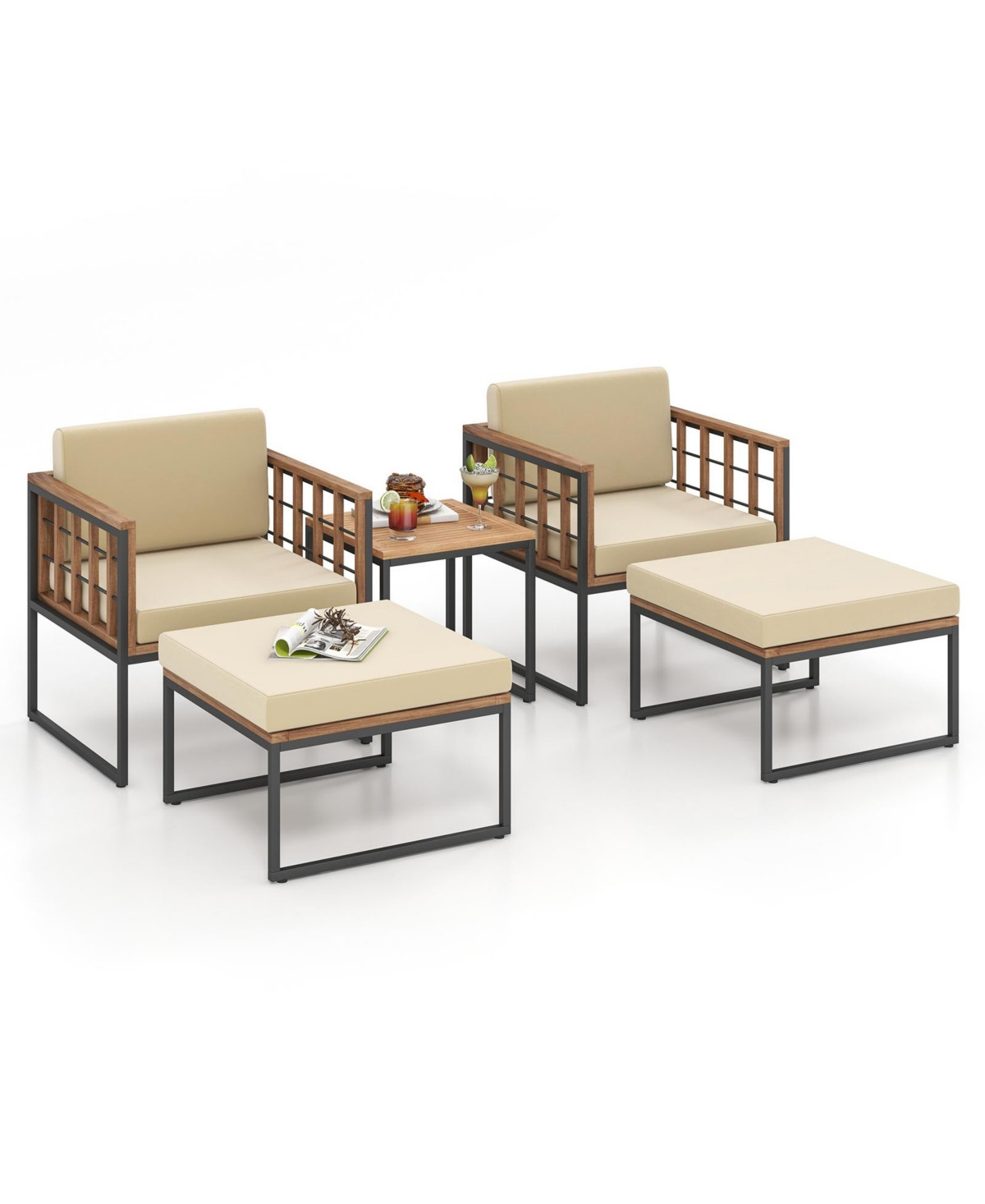 Givimo 5 Piece Outdoor Furniture Set Acacia Wood Chair Set with Ottomans and Coffee Table - Natural | Macy's