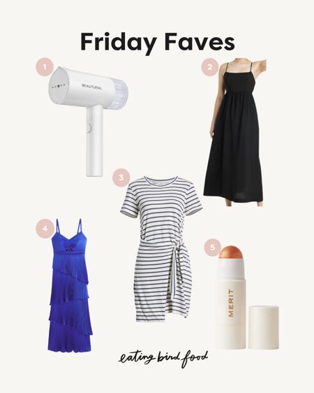 Friday Faves 👗✨
1️⃣ This steamer is small (aka perfect for packing in your carry-on) and it works great! So much better than ironing. 
2️⃣ I can’t believe this midi dress is only $35 and sooo cute (love the tie back detail). Comes in 4 different colors too! 
3️⃣  Easy t-shirt dress that’s perfect for spring/summer. It’s super soft and the tie detail makes it really flattering. Looks cute with sneakers or sandals.
4️⃣ I wore this dress to the wedding we went to last weekend and loved it. It’s flattering, trendy and the color is stunning. I got a ton of compliments too! Fit is tts, I have a small. 
5️⃣ This highlighter glides on so nicely and gives the perfect daytime glow. I’m obsessed and want to try more Merit products now. 



#LTKWedding #LTKBeauty #LTKTravel