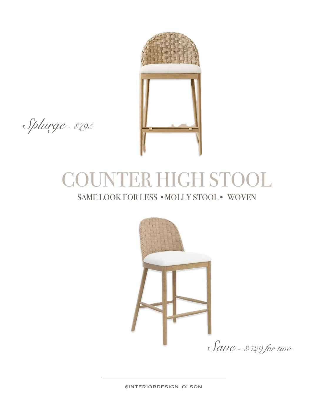 Save vs. Splurge: Woven Counter Stool Edition 🪑
Love the Molly Stool look but not the $795 price tag? This woven beauty gives you the same designer feel for $529 for two—perfect for kitchen islands or breakfast bars.

✨ Natural woven texture
✨ Soft cushioned seat
✨ Elevated style at a fraction of the cost

Shop both on my LTK and get the look for less!

#SaveVsSplurge #WovenCounterStools #MollyStoolDupe #KitchenSeating #LTKhome #BudgetFriendlyFinds #NeutralHomeDecor #WovenFurniture #KitchenIslandStyle #AffordableDesign #InteriorDesignOlson #LTKFinds #StoolDupes #ModernOrganicStyle